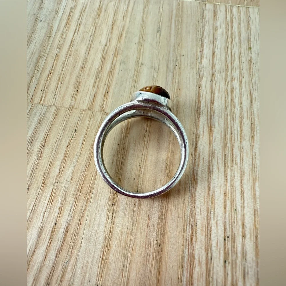 925 Sterling Silver And Carved Tiger's Eye Scarab Ring Size 7